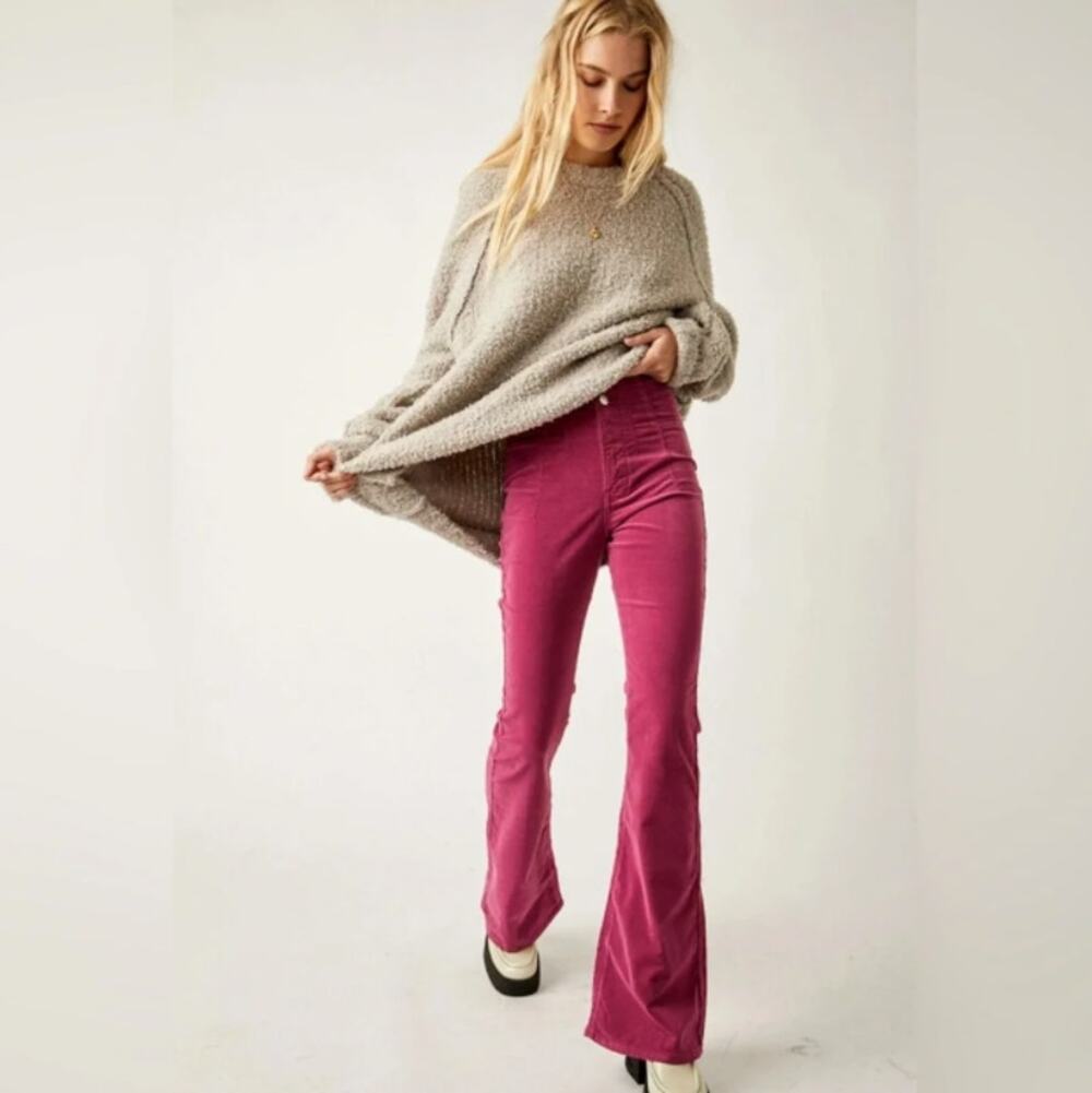 FREE PEOPLE Jayde Flare Corduroy Pants Berry Pink Sz 28 $128 {MM4}